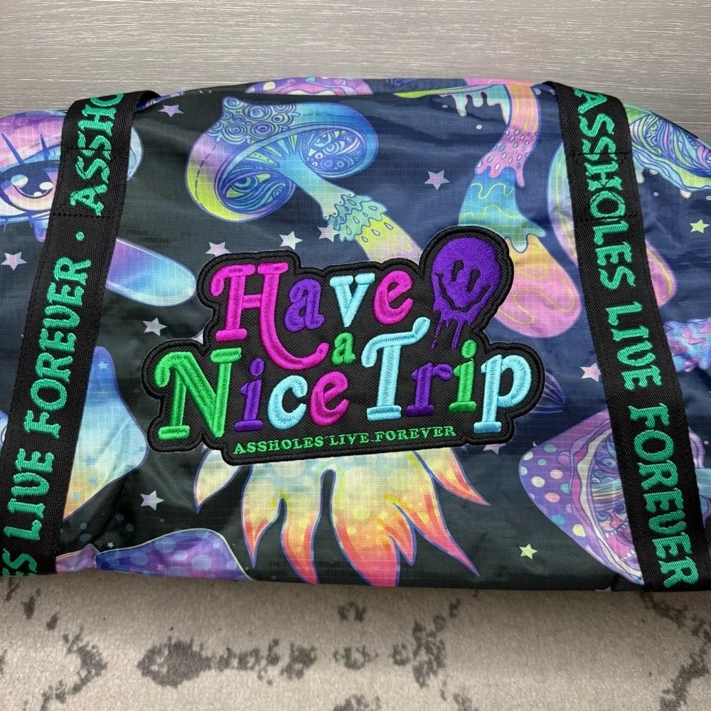 ALF Have a Nice Trip Trippy Purple Mushroom Duffel Carry On Travel Bag